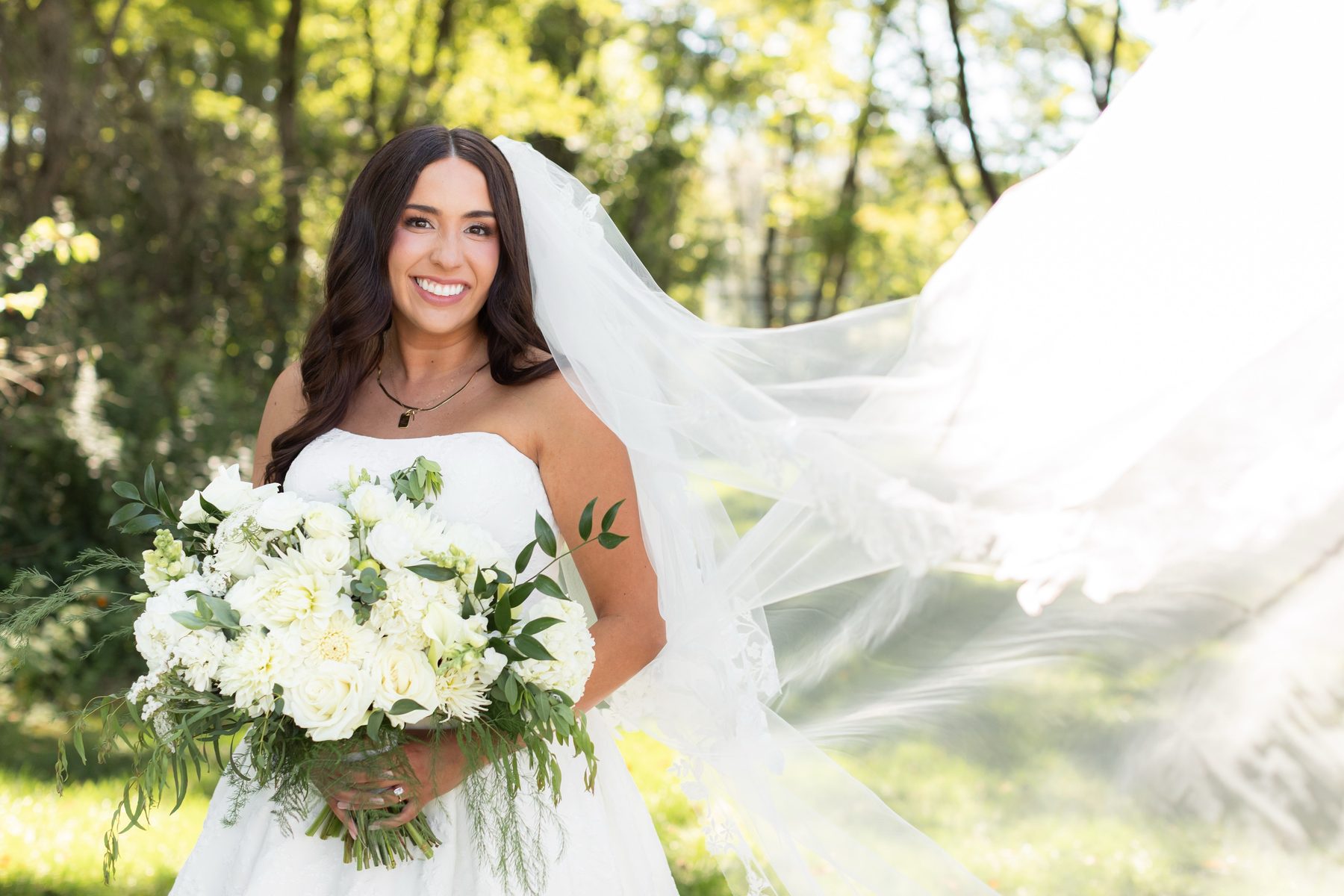 Bride with veil and white bouquet — bridal makeup and hair, Pennsylvania